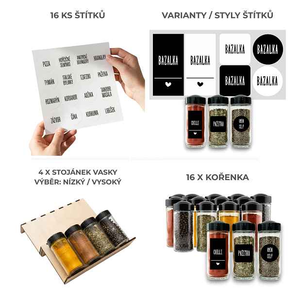 Orion Sada 16ks kořenek BLACK 80ml + 4ks organizér na kořenky VASKY + sada 16ks štítků