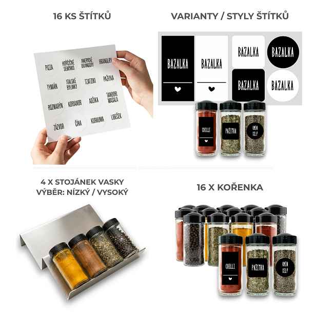 Orion Sada 16ks kořenek BLACK 80ml + 4ks organizér na kořenky VASKY NEREZ + sada 16ks štítků