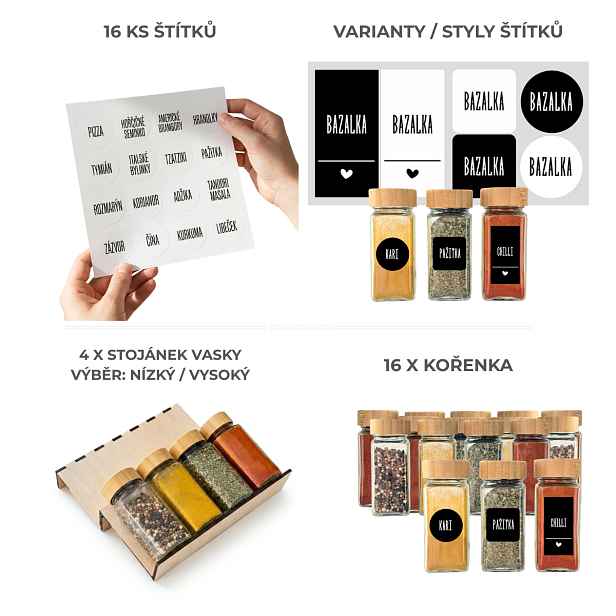 Orion Sada 16ks kořenek DECOR 120ml + 4ks organizér na kořenky VASKY + sada 16ks štítků