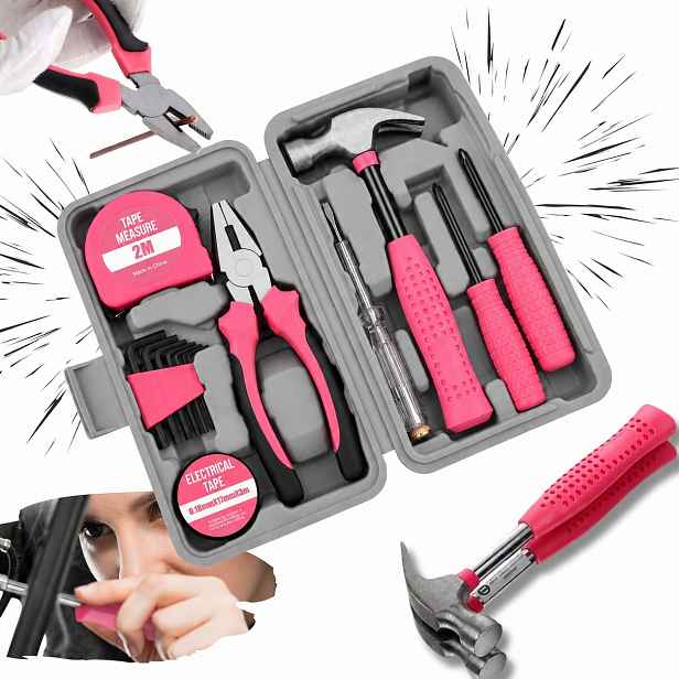 Růžová Malá Sada Ručního Nářadí Na Opravu Diy Pro Ženy 14 Ks Klíčů