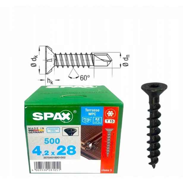 Terasové šrouby Alu 4,2 x 28 A2 Tx 500 ks Torx Spax pro kompozitní desku