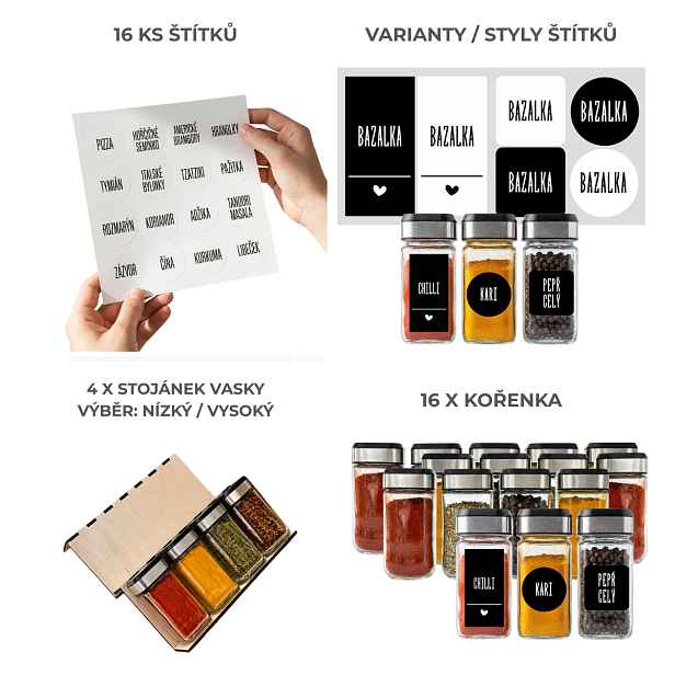 Orion Sada 16ks kořenek INOX 100ml + 4ks organizér na kořenky VASKY + sada 16ks štítků