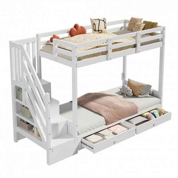 OKWISH PATROVÁ postel 90/200 cm bílá z masivu a MDF se schodišťovou skříní a zásuvkami