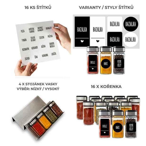 Orion Sada 16ks kořenek INOX 100ml + 4ks organizér na kořenky VASKY - NEREZ + sada 16ks štítků
