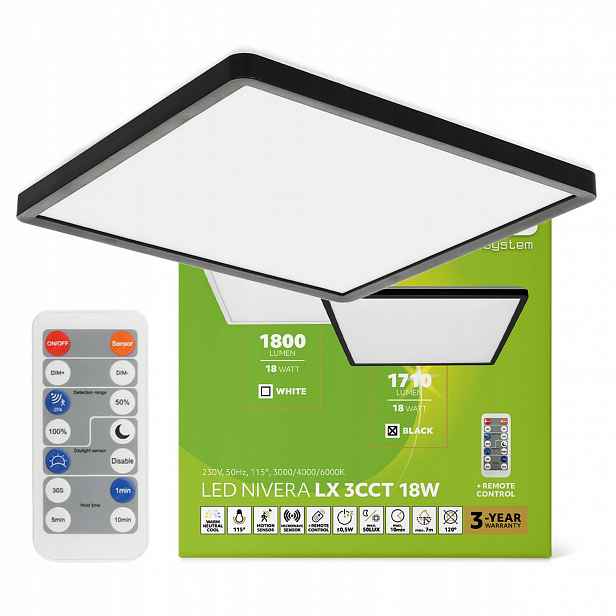 stropní svítidlo Led stropní svítidlo 18W čtvercová, pohybový senzor 3CCT IP54, černá