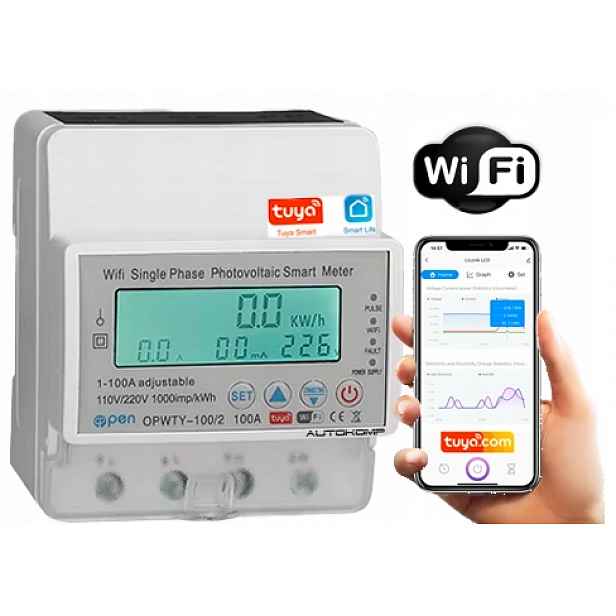 Měřič proudu 1 fáze 100A 230V Tuya WiFi Din 2-směrný Pv