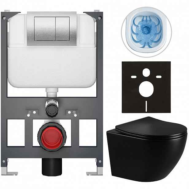 Kompletní WC set Basic/Cesso - černá lesklá - WC tlačítko Maxio/Stříbrná - závěsné - nízký modul - předstěnová instalace - 49x36 cm