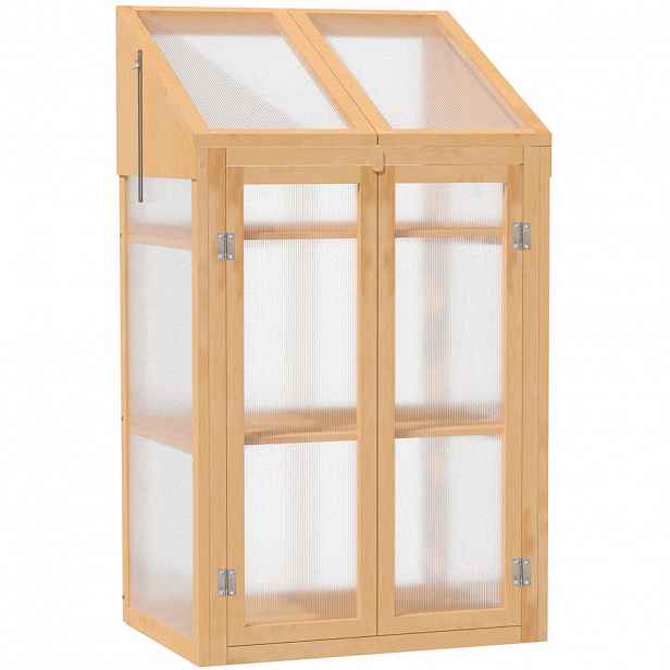 Modfu MINISKLENÍK ze dřeva 70x50x120 cm hnědý s dvojitými dveřmi, oknem a 3 policemi pro pěstování