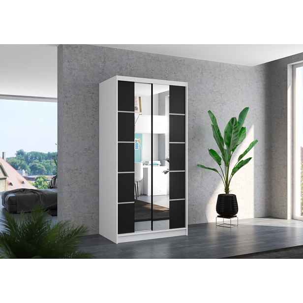 Šatní skříň se zrcadlem 100 cm CADORA - bílá / černá