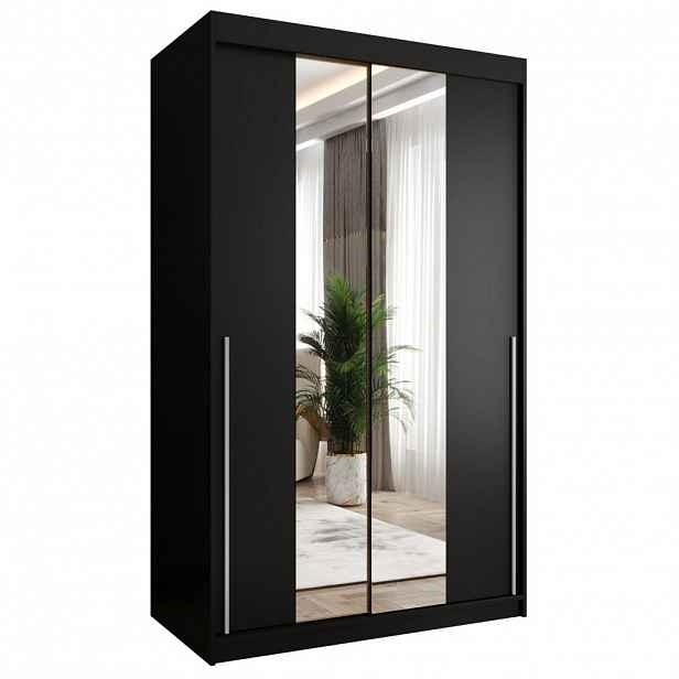 Home Collective SKŘÍŇ S POSUVNÝMI DVEŘMI se zrcadlem, šířka 120 cm, černá se stříbrným úchytem