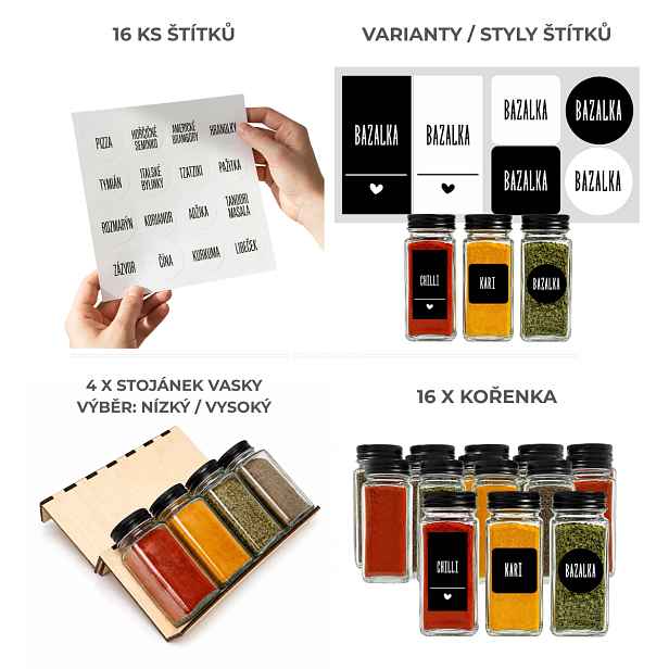 usporadejto.cz Sada 16ks kořenek BLACKEMBER 120ml + 4ks organizér na kořenky VASKY + sada 16ks štítků