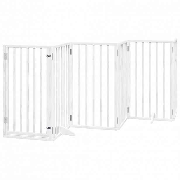 vidaXL Psí branka s dvířky, skládací, 6 panelů, bílá, 300 cm, topolové dřevo