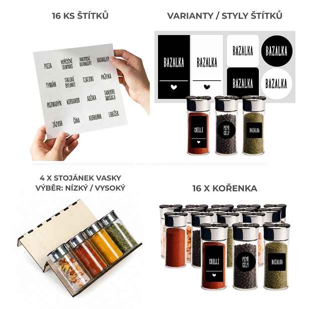 Orion Sada 16ks kořenek SPICEBLACK 100ml + 4ks organizér na kořenky VASKY + sada 16ks štítků