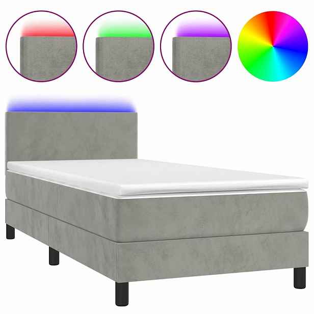 vidaXL Box spring postel s matrací a LED světle šedá 90x190 cm samet
