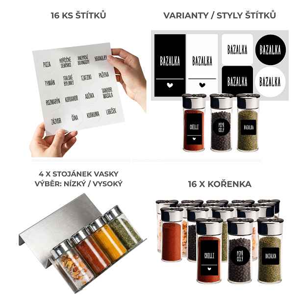 Orion Sada 16ks kořenek SPICEBLACK 100ml + 4ks organizér na kořenky VASKY - NEREZ + sada 16ks štítků