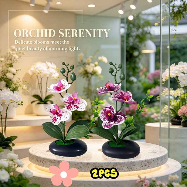 TEMU 2 ks Umělé Phalaenopsis Orchideje v květináčích v mixu , 3 květy bílé skvrnité a fialové skvrnité květinové rostliny v květináčích, krásné a