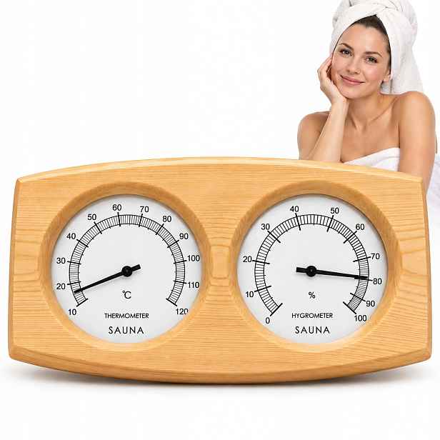 Teploměr do sauny, vlhkoměr, dřevěný, analogový, měřič vlhkosti 2v1