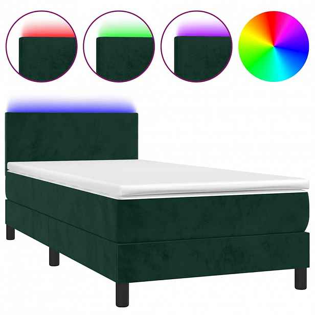 vidaXL Box spring postel s matrací a LED tmavě zelená 90x190 cm samet