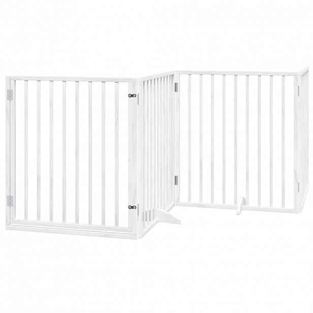 vidaXL Psí branka s dvířky, skládací, 4 panely, bílá, 320 cm, topolové dřevo