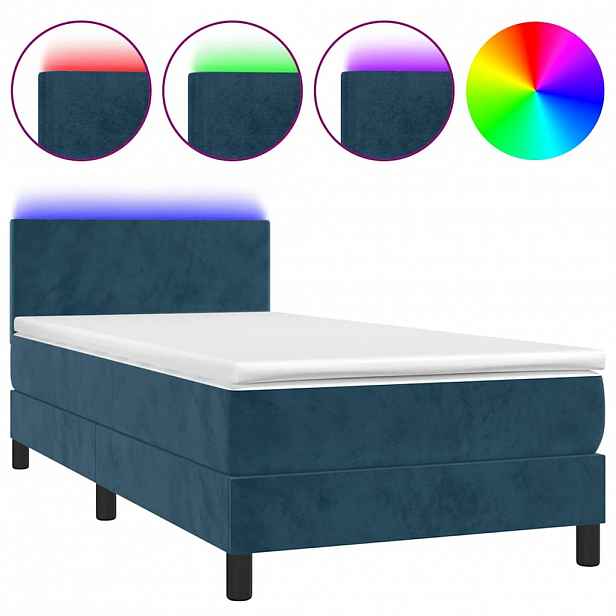 vidaXL Box spring postel s matrací a LED tmavě modrá 90x190 cm samet