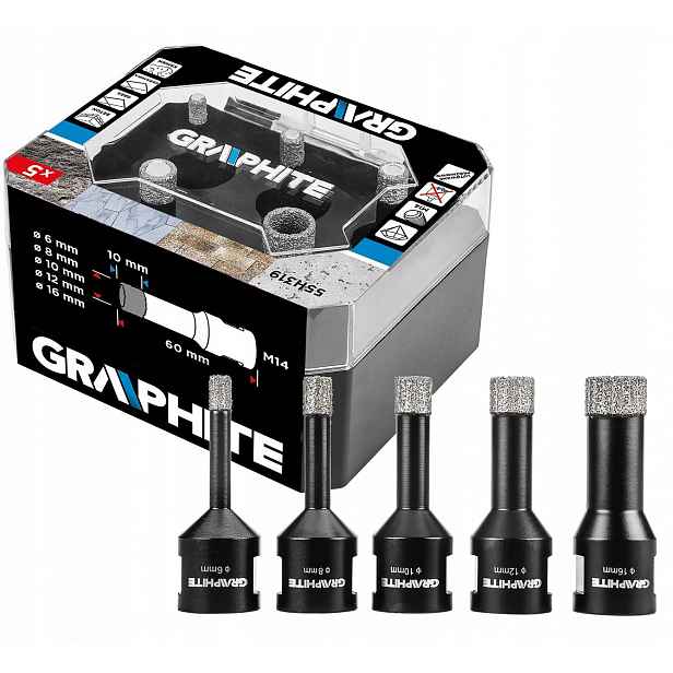 Diamantové děrovačky (6, 8, 10, 12, 16 mm), sada 5 ks Graphite