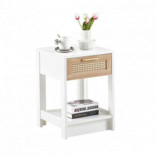 OKWISH NOČNÍ stolek 40/40/55 cm přírodní/bílá z MDF s ratanovým dekorem a zásuvkou