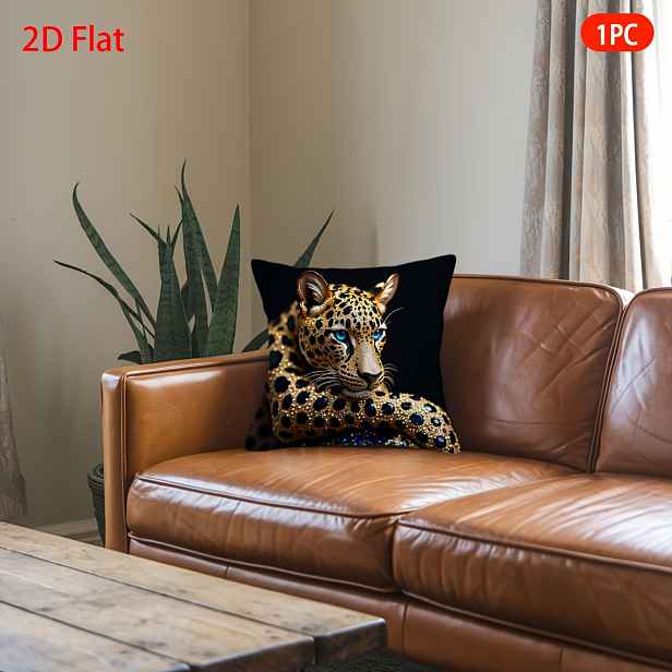 TEMU 1ks Povlak na polštář, Zlatý leopardí potisk - Měkká a hladká polyesterová krátká plyšová tkanina, jednostranně potištěný , 45cm*45cm, se zipem,