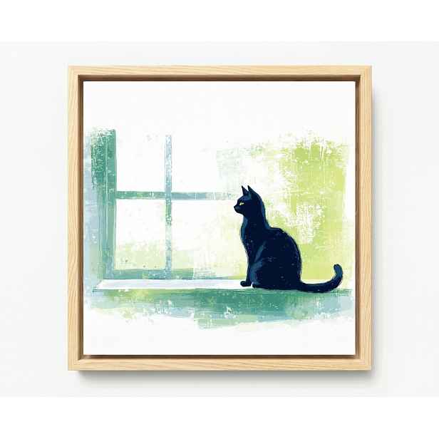 Obraz Rám Americký Box Kresba Grafika Černá Kočka Okno Pozorovatel 60x60