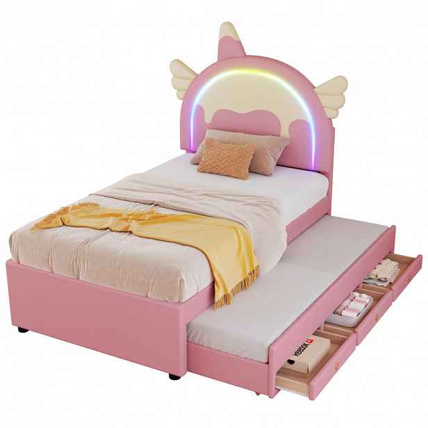 OKWISH DĚTSKÁ postel 90/200 cm růžová z PU a MDF s výsuvným přistýlkovým lůžkem ve tvaru jednorožce