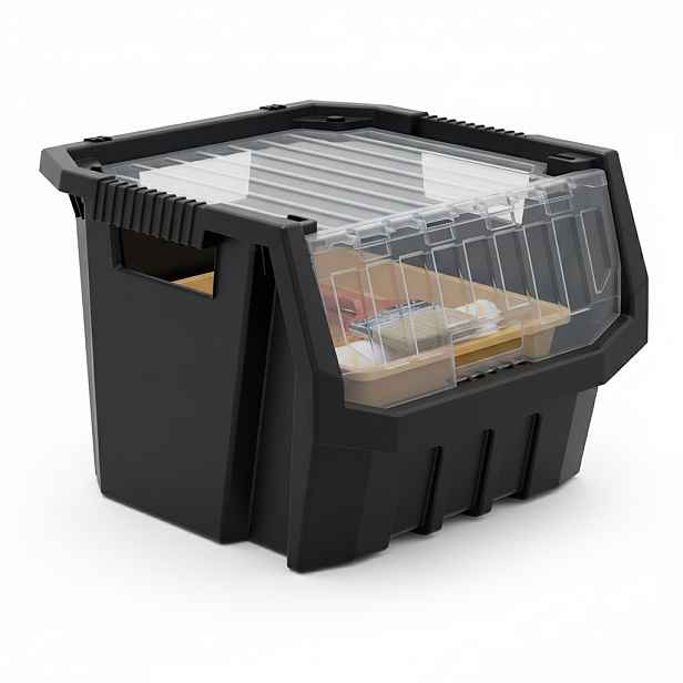 Prosperplast Dílenský úložný box HEAVY DUTY, S VÍKEM, černý 40x38x28 cm, L