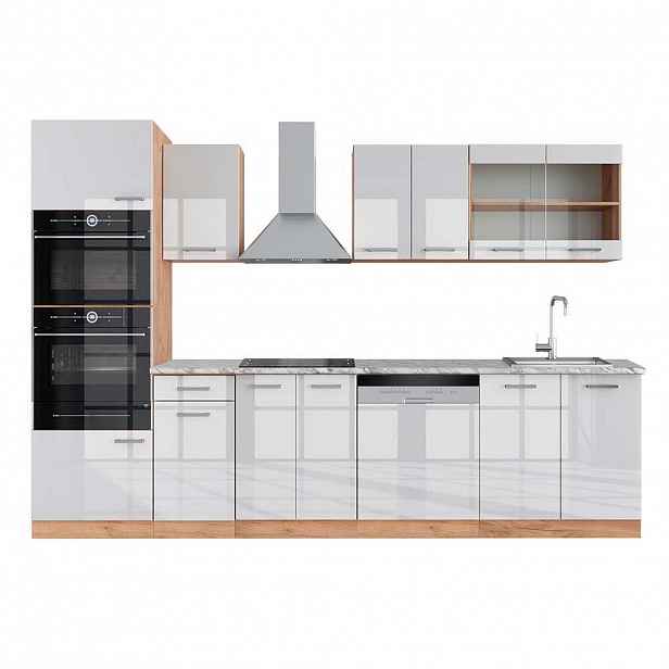 Vicco KUCHYŇSKÝ KOUT R-Line Bílý vysoký lesk/zlatý dub power 300 cm s vysokou skříní, PD Mramor