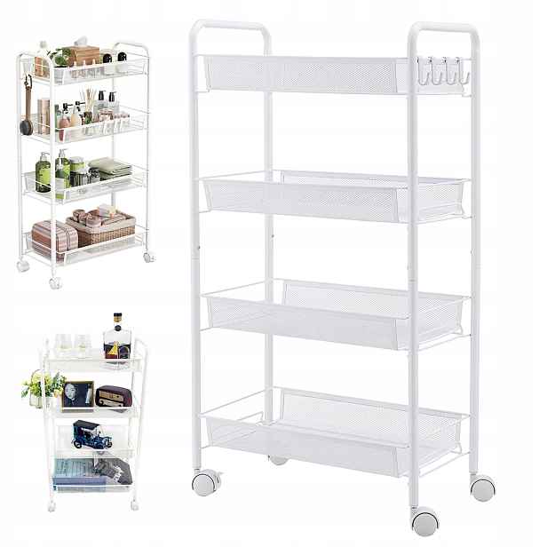 Kovový Vozík, Mobilní Organizér, Stolek 4 Úrovně, Zámek Koleček 81 CM, Bílý