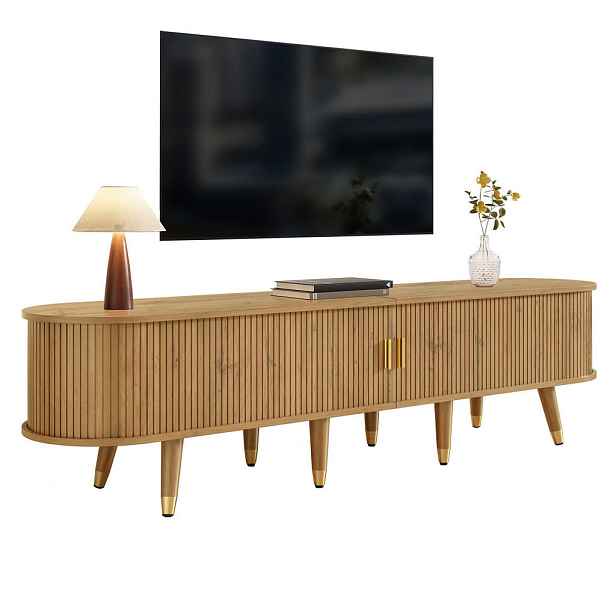 EVRYAE TV STOLEK Ořech ratan posuvná dvířka s úložným prostorem zlaté akcenty Boho retro design dřevo/dřevotříska