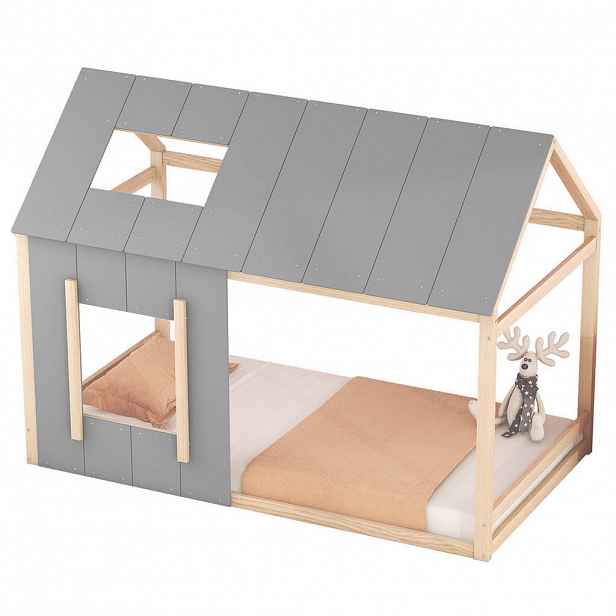 OKWISH DĚTSKÁ postel 90/200 cm přírodní z borovice a MDF v domkovém designu s oknem