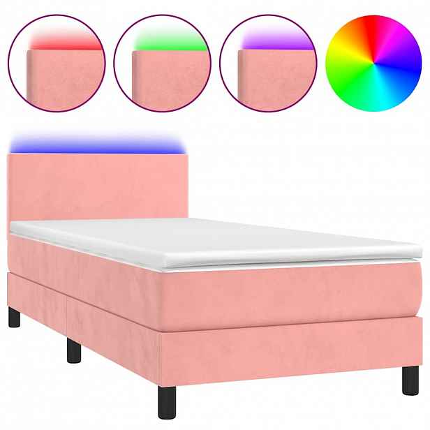 vidaXL Box spring postel s matrací a LED růžová 90x200 cm samet