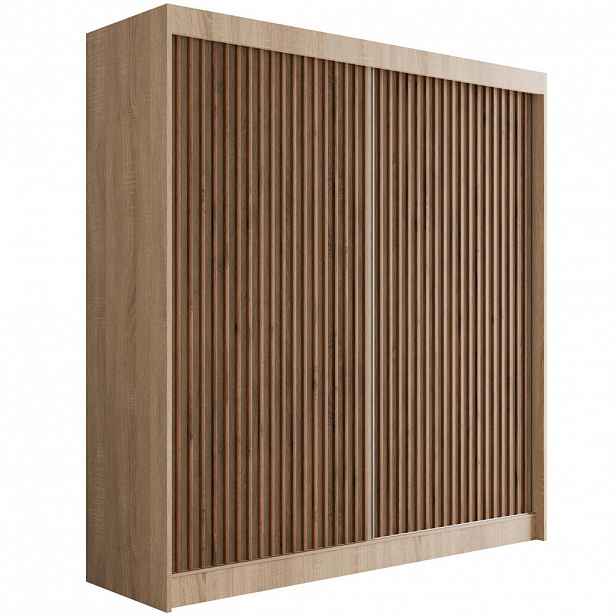 ALTDECOR ŠATNÍ SKŘÍŇ s lamelovými posuvnými dveřmi VILANv2 – 200 cm Sonoma dub + Sonoma dub + dub wotan s lamelami