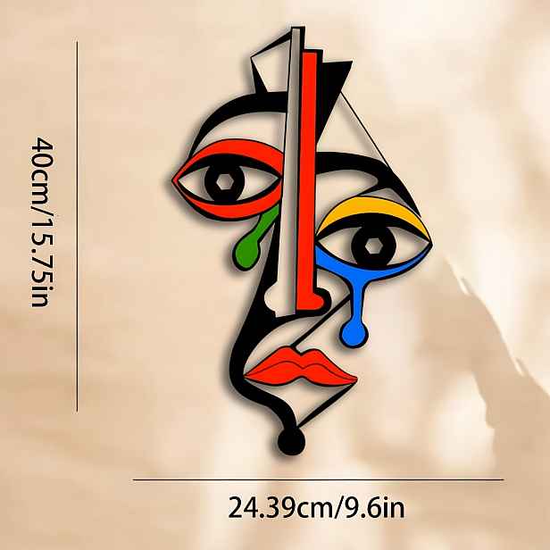 TEMU 1 Kovová nástěnná skulptura inspirovaná Picassem - 15,75 x 9,6 palců Barevné abstraktní kubistické obličej, živá domácí dekorace do obývacího
