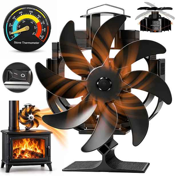 8 lopatkami Tepelně poháněný krbový ventilátor Tichý černý 25 dB
