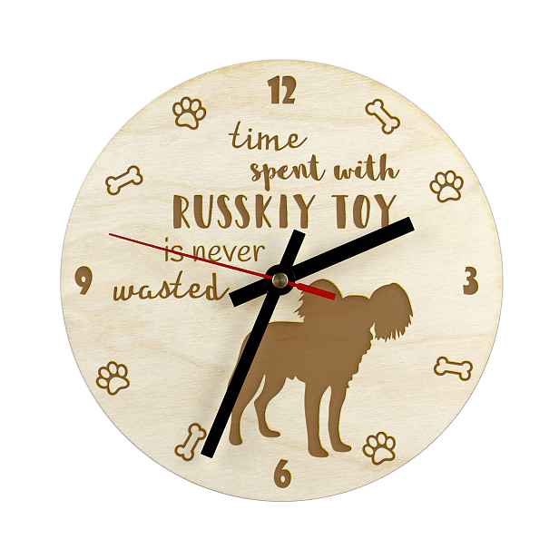 Ruský toy gravírovaný hodinový stroj se psem, průměr 30 cm, jméno psa