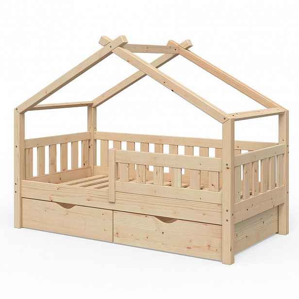 VitaliSpa DOMEČKOVÁ POSTEL Design Přírodní dřevo 80x160 cm se 2 zásuvkami