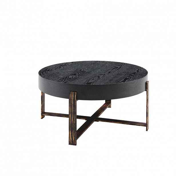 Modfu KONFERENČNÍ stolek z MDF a kovu 68x68x36 cm černá s bronzovým podnožím, kulatý industriální vintage design