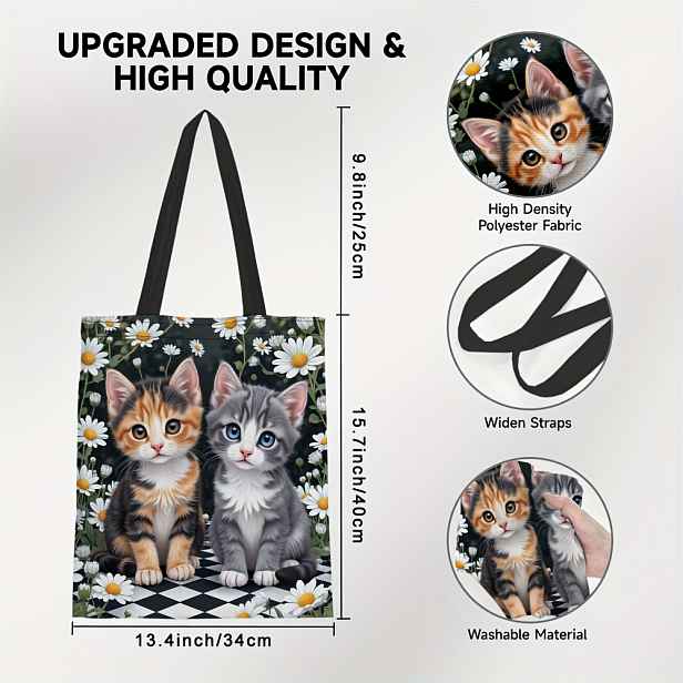 TEMU 1ks Roztomilá Kočičí Květinová Taška - Velká Kapacita, Opakovaně Použitelná Nákupní & Úložná Taška, Oboustranný Tisk, Polyester, Perfektní Dárek
