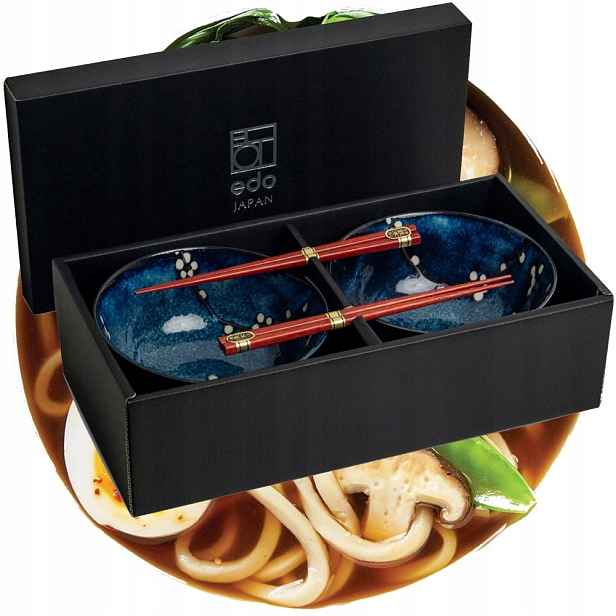 Sada keramiky Modrých misek 17cm Na Polévku Udon s Tyčinkami Hana Blue