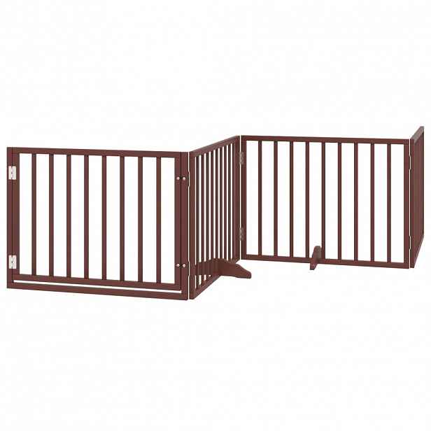 vidaXL Psí branka s dvířky, skládací, 4 panely, hnědá, 320 cm, topolové dřevo