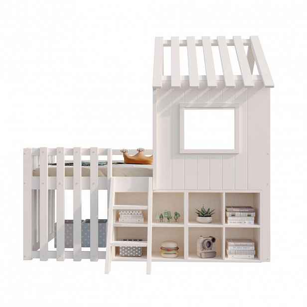 OKWISH PATROVÁ postel 90/200 cm bílá z masivního dřeva s domečkovým designem a úložným prostorem