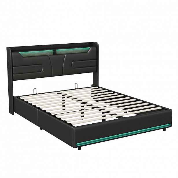 ČALOUNĚNÁ postel 140x200 cm, s LED čelem, USB, lamelový rošt, černá