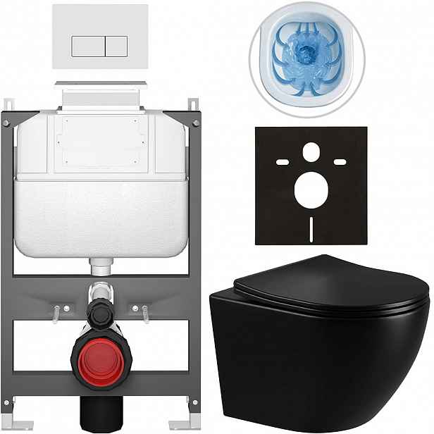 Kompletní WC set Basic/Cesso - černá lesklá - WC tlačítko Modulo/Bílá - ovládání shora - předstěnová instalace - 49x36 cm