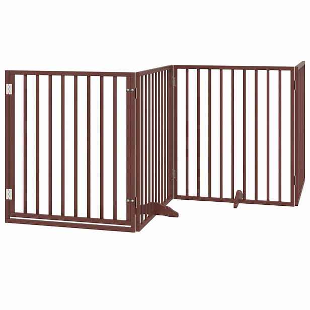 vidaXL Psí branka s dvířky, skládací, 4 panely, hnědá, 320 cm, topolové dřevo