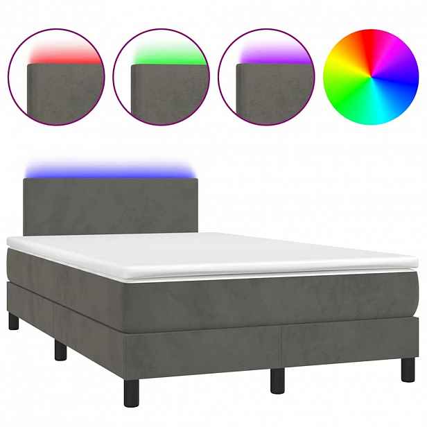 vidaXL Box spring postel s matrací a LED tmavě šedá 120x200 cm samet