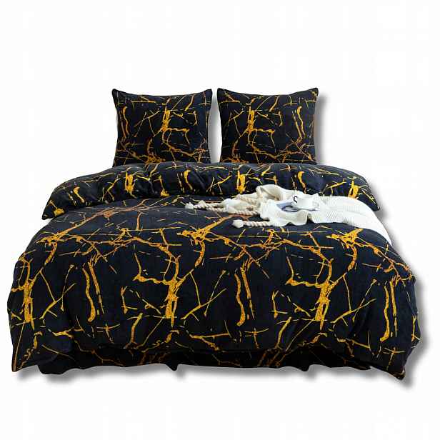 Sada povlečení velur fleece teplá černá, zlatý mramor 160x200, medvídek